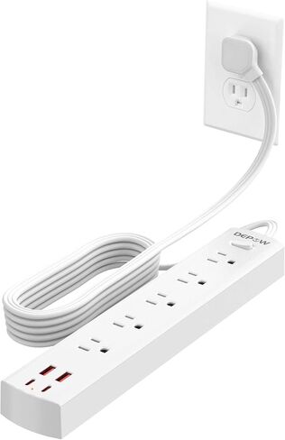 5-Outlet Power Strip Surge Protector with 4 USB Ports (2 USB C), DEPOW 10 Ft Ultra Thin Extension Cord, Low Profile Flat Plug, 15 Amp Circuit Breaker, 1700 Joules, Wall Mount for Home Office, White in Kuwait