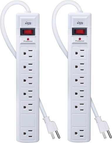 شريط طاقة KMC 6-Outlet Surge Protector، 2-Pack، 1200 Joules، سلك 6ft، منفذ محول متباعد، حماية من التحميل الزائد، رمادي in Kuwait