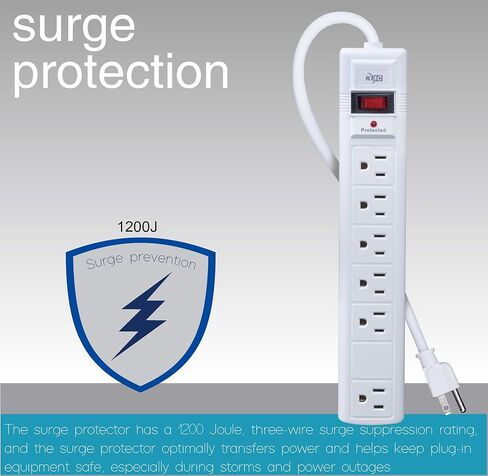 شريط طاقة KMC 6-Outlet Surge Protector، 2-Pack، 1200 Joules، سلك 6ft، منفذ محول متباعد، حماية من التحميل الزائد، رمادي in Kuwait