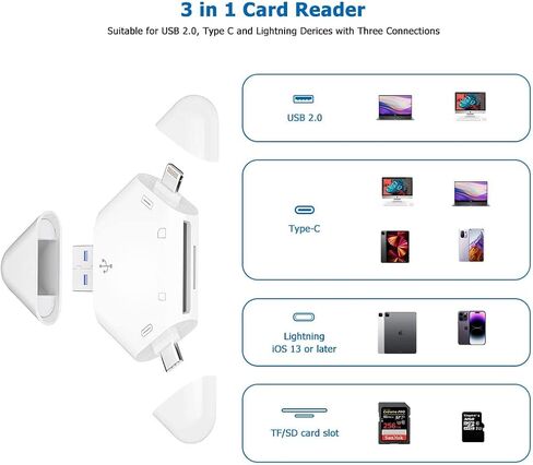 قارئ بطاقة SD/TF 3 في 1 لأجهزة USB-C، USB-A، أجهزة USB الصغيرة، قارئ بطاقات الذاكرة المحمولة، محول بطاقة SD للكاميرا لـ SD، SDXC، SDHC، MMC، RS-MMC، Micro SD، Micro SDXC، Micro SDHC، بطاقات HS-I in Kuwait