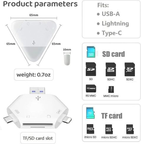 قارئ بطاقة SD/TF 3 في 1 لأجهزة USB-C، USB-A، أجهزة USB الصغيرة، قارئ بطاقات الذاكرة المحمولة، محول بطاقة SD للكاميرا لـ SD، SDXC، SDHC، MMC، RS-MMC، Micro SD، Micro SDXC، Micro SDHC، بطاقات HS-I in Kuwait