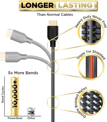 PowerBear 4K HDMI Cable 30 ft | High Speed, Braided Nylon & Gold Connectors, 4K @ 60Hz, Ultra HD, 2K, 1080P, ARC & CL3 Rated | for Laptop, Monitor, PS5, PS4, Xbox One, Fire TV, Apple TV & More in Kuwait