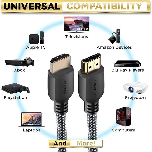 PowerBear 4K HDMI Cable 30 ft | High Speed, Braided Nylon & Gold Connectors, 4K @ 60Hz, Ultra HD, 2K, 1080P, ARC & CL3 Rated | for Laptop, Monitor, PS5, PS4, Xbox One, Fire TV, Apple TV & More in Kuwait