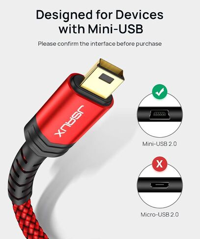JSAUX Mini USB Cable, 2-Pack (3.3FT+6.6FT), USB 2.0 A to Mini B,Red in Kuwait