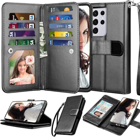Njjex Wallet Case for Galaxy S21 5G - 9 Card Slots, PU Leather, Detachable Kickstand, Magnetic Cover & Lanyard - Black in Saudi Arabia