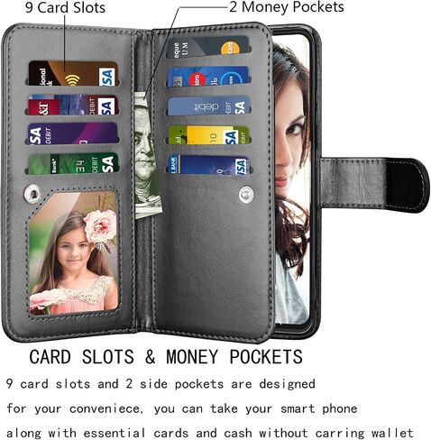 Njjex Wallet Case for Galaxy S21 5G - 9 Card Slots, PU Leather, Detachable Kickstand, Magnetic Cover & Lanyard - Black in Saudi Arabia