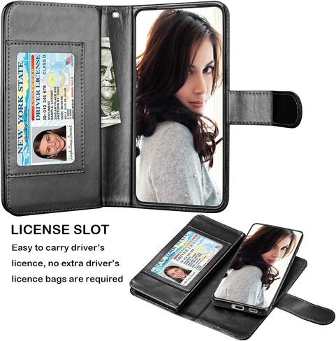 Njjex Wallet Case for Galaxy S21 5G - 9 Card Slots, PU Leather, Detachable Kickstand, Magnetic Cover & Lanyard - Black in Saudi Arabia