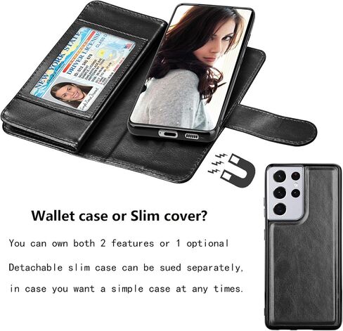 Njjex Wallet Case for Galaxy S21 5G - 9 Card Slots, PU Leather, Detachable Kickstand, Magnetic Cover & Lanyard - Black in Saudi Arabia