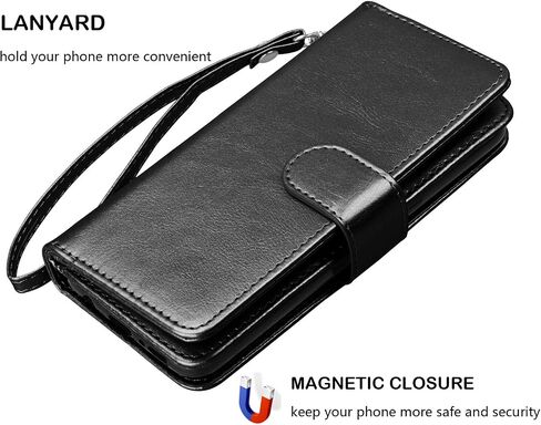Njjex Wallet Case for Galaxy S21 5G - 9 Card Slots, PU Leather, Detachable Kickstand, Magnetic Cover & Lanyard - Black in Saudi Arabia