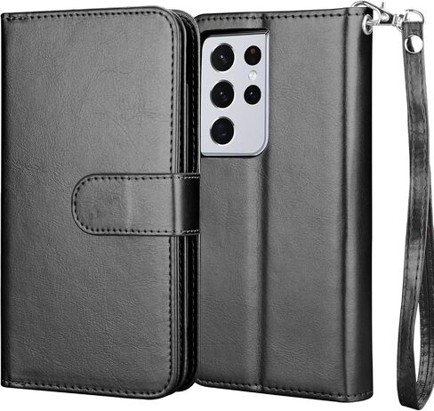 Njjex Wallet Case for Galaxy S21 5G - 9 Card Slots, PU Leather, Detachable Kickstand, Magnetic Cover & Lanyard - Black in Saudi Arabia