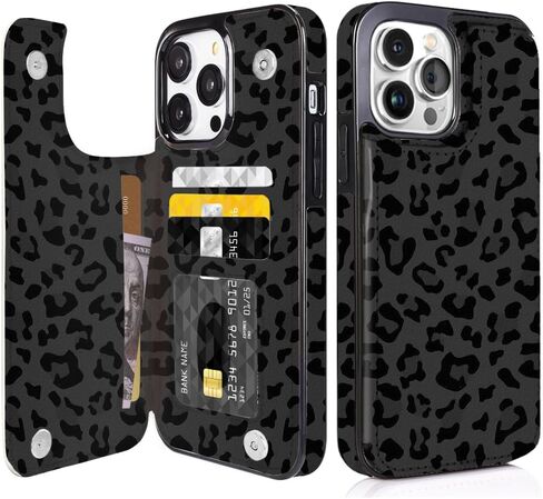 حافظة Obbii لهاتف iPhone 14 Pro Max 6.7 بوصة، حافظة محفظة من الجلد الأصلي، غطاء مغناطيسي قلاب RFID، حامل بطاقات مع مسند، حافظة حماية كاملة متوافقة مع iPhone 14 Pro Max - طباعة بقرة سوداء in Kuwait
