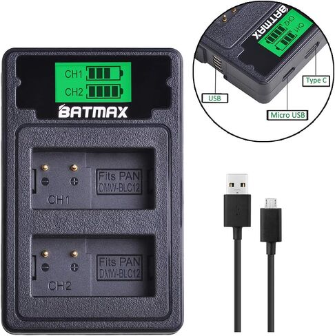 Batmax 2X 1400mAh DMW-BLC12 بطارية بديلة وشاحن لباناسونيك DMW-BLC12E DMW-BLC12PP بطارية Lumix DMC-FZ200، DMC-FZ1000، DMC-G5، DMC-G6، DMC-G7، DMC-GX8، DMC-G85، DMC- كاميرات جي اتش 2 in Saudi Arabia