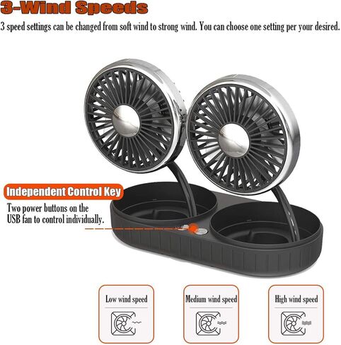 مروحة USB للسيارة، مروحة سيارة كهربائية مزدوجة الرأس مثبتة على لوحة القيادة | 3 سرعات ودوران 360 درجة | مروحة هواء تبريد قوية للسيارات لسيارات السيدان ذات الدفع الرباعي | مروحة شخصية محمولة للمكتب المنزلي in Kuwait
