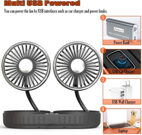 مروحة USB للسيارة، مروحة سيارة كهربائية مزدوجة الرأس مثبتة على لوحة القيادة | 3 سرعات ودوران 360 درجة | مروحة هواء تبريد قوية للسيارات لسيارات السيدان ذات الدفع الرباعي | مروحة شخصية محمولة للمكتب المنزلي in Kuwait