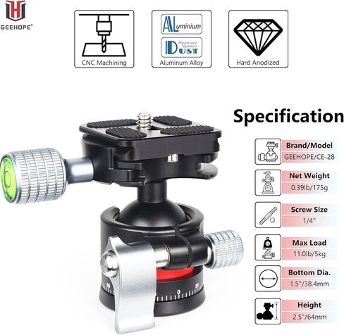 راس كروي ثلاثي القوائم من جيهوب CE-28 براس كروي معدني بانورامي عالمي 360 درجة لكاميرا دي اس ال ار ثلاثي القوائم احادي القوائم مع لوحة اركا سويس QR 28 ملم كرة 1/4 انش تحميل برغي 11.0 باوند/5 كغم in Kuwait