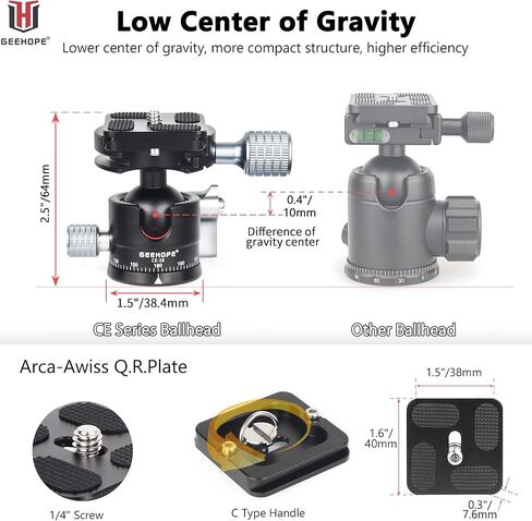 راس كروي ثلاثي القوائم من جيهوب CE-28 براس كروي معدني بانورامي عالمي 360 درجة لكاميرا دي اس ال ار ثلاثي القوائم احادي القوائم مع لوحة اركا سويس QR 28 ملم كرة 1/4 انش تحميل برغي 11.0 باوند/5 كغم in Kuwait