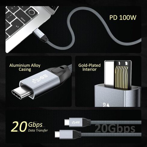 كابل QCEs USB C إلى USB C 3.2 Gen 2، كابل فيديو USB-C بطول 6.6 أقدام، نقل بيانات 20 جيجابت في الثانية، شحن سريع 100 واط PD، Thunderbolt 4 متوافق مع MacBook Pro Air 2020 iPad Pro، Galaxy S21، Pixel، Switch in Kuwait
