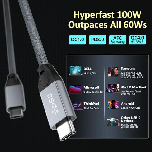 كابل QCEs USB C إلى USB C 3.2 Gen 2، كابل فيديو USB-C بطول 6.6 أقدام، نقل بيانات 20 جيجابت في الثانية، شحن سريع 100 واط PD، Thunderbolt 4 متوافق مع MacBook Pro Air 2020 iPad Pro، Galaxy S21، Pixel، Switch in Kuwait