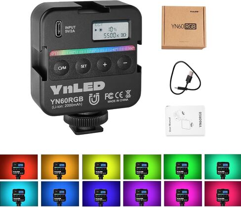 YONGNUO YN60 RGB LED أضواء صغيرة، كاميرا فيديو ضوء 360 لون كامل إضاءة التصوير الفوتوغرافي المحمولة مع 3 أحذية باردة، 2000 مللي أمبير قابلة لإعادة الشحن CRI 95+ 2500-9500K مصباح لوحة عاكس للضوء يدعم الجذب المغناطيسي in Saudi Arabia