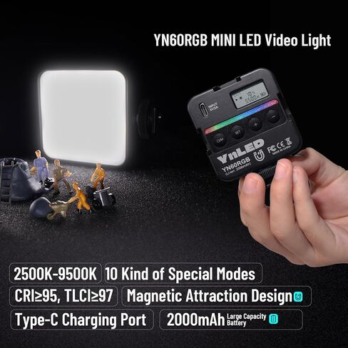 YONGNUO YN60 RGB LED أضواء صغيرة، كاميرا فيديو ضوء 360 لون كامل إضاءة التصوير الفوتوغرافي المحمولة مع 3 أحذية باردة، 2000 مللي أمبير قابلة لإعادة الشحن CRI 95+ 2500-9500K مصباح لوحة عاكس للضوء يدعم الجذب المغناطيسي in Saudi Arabia