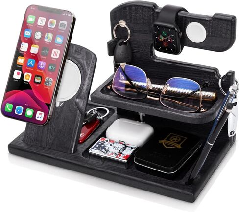 Wood Phone Docking Station Charger Xmas Gifts for Men or Dad for Husband Birthday Wife Nightstand Organizer Key Holder Wallet Solid Ash (Black) in Kuwait