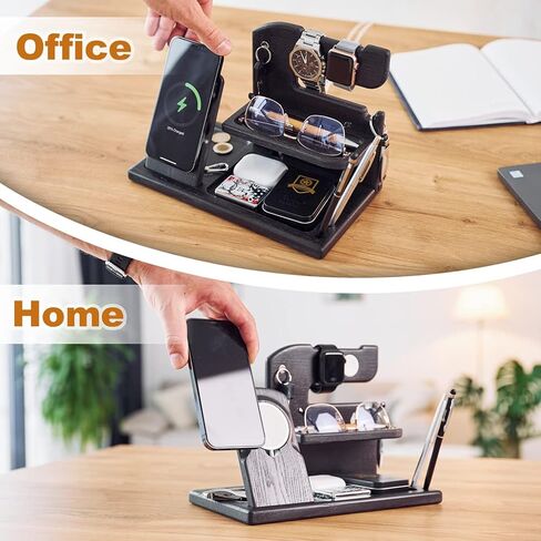 Wood Phone Docking Station Charger Xmas Gifts for Men or Dad for Husband Birthday Wife Nightstand Organizer Key Holder Wallet Solid Ash (Black) in Kuwait