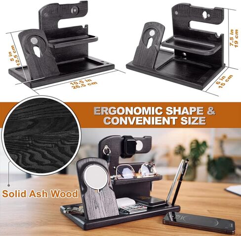 Wood Phone Docking Station Charger Xmas Gifts for Men or Dad for Husband Birthday Wife Nightstand Organizer Key Holder Wallet Solid Ash (Black) in Kuwait