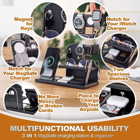 Wood Phone Docking Station Charger Xmas Gifts for Men or Dad for Husband Birthday Wife Nightstand Organizer Key Holder Wallet Solid Ash (Black) in Kuwait