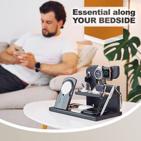Wood Phone Docking Station Charger Xmas Gifts for Men or Dad for Husband Birthday Wife Nightstand Organizer Key Holder Wallet Solid Ash (Black) in Kuwait