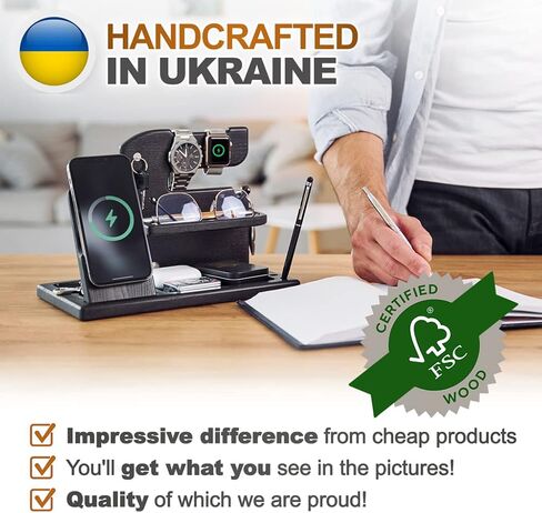 Wood Phone Docking Station Charger Xmas Gifts for Men or Dad for Husband Birthday Wife Nightstand Organizer Key Holder Wallet Solid Ash (Black) in Kuwait