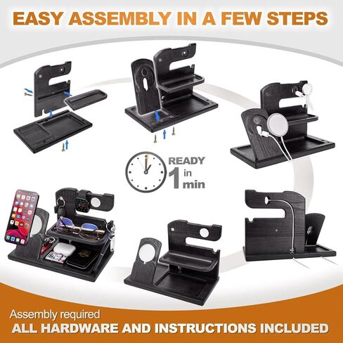 Wood Phone Docking Station Charger Xmas Gifts for Men or Dad for Husband Birthday Wife Nightstand Organizer Key Holder Wallet Solid Ash (Black) in Kuwait