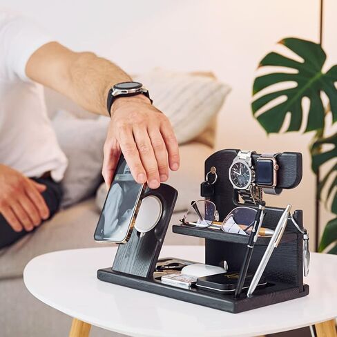 Wood Phone Docking Station Charger Xmas Gifts for Men or Dad for Husband Birthday Wife Nightstand Organizer Key Holder Wallet Solid Ash (Black) in Kuwait