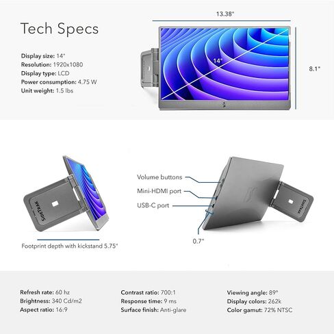 SideTrak Swivel 14" Patented Attachable Portable Monitor for Laptop | FHD TFT USB Laptop Dual Screen | Mac, PC & Chrome Compatible | Fits All Laptops | Powered by USB-C or Mini HDMI (Dark Gray) in Kuwait