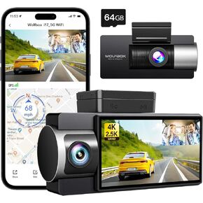 كاميرا WOLFBOX i17 Dash Cam أمامية من الداخل، 4K+2.5K 5G WiFi مزدوجة مع بطاقة 64 جيجابايت، كاميرا سيارة LCD 2160P UHD 3 بوصة للسيارات مع رؤية ليلية فائقة الأشعة تحت الحمراء، شاشة ذكية لوقوف السيارات، نظام تحديد المواقع العالمي (GPS)، تسجيل حلقي in Kuwait