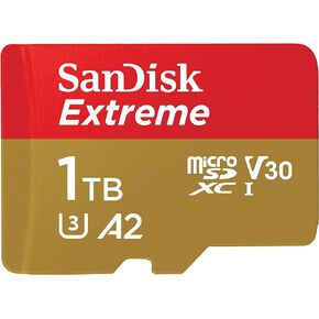 بطاقة SanDisk Extreme microSD UHS I سعة 1 تيرابايت لفيديو بدقة 4K على الهواتف الذكية وكاميرات الحركة والطائرات بدون طيار، قراءة 190 ميجابايت/ثانية، كتابة 130 ميجابايت/ثانية SDSQXAV 1T00 GN6MN، أحمر/ذهبي in Kuwait