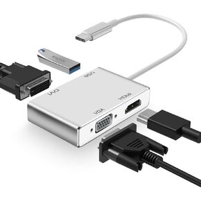 محول Weton USB C إلى HDMI DVI VGA، محور 4 في 1 USB-C إلى 4K HDMI، VGA، محول فيديو DVI، موصل شاشات محول فيديو متعدد الشاشات من ذكر إلى أنثى لأجهزة Mac Pro، MacBook Air، iPad Pro، XPS، إلخ
