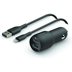 Belkin BoostCharge 24W USB 2-Port Car Charger Adapter - Dual-Port Car Charger w/ 12W Fast Charging Ports & Included USB-C to USB-A Braided Cable w/Strap for iPhone 15, Samsung Galaxy, & More - Black