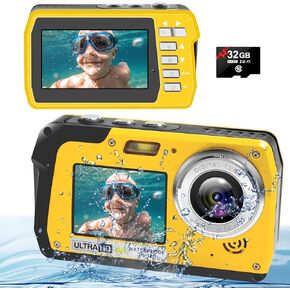 4K Underwater Camera with 32GB Card 11FT Waterproof Camera 48MP Autofocus IPS Dual-Screen(3"/2") Selfie Underwater Cameras for Snorkeling, Digital Camera 1500mAh Battery Cover Easy to Open(Yellow) in Kuwait