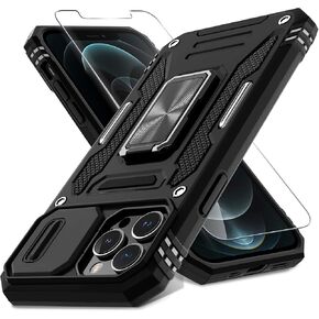 DEERLAMN Case for iPhone 13 Pro Max with Slide Camera Cover+Screen Protector(1 Pack),Rotated Ring Kickstand Military Grade Shockproof Protective Cover 6.7 Inch-Black