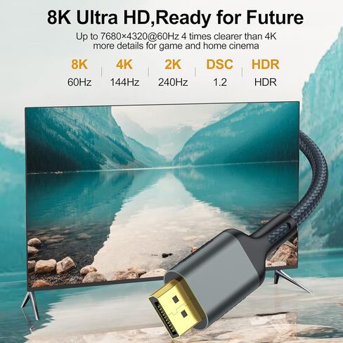 كابل VoroDcip DisplayPort 1.4، كابل 8K 6.6FT DP 32.4 جيجابت في الثانية 8K@60هرتز، 4K@144هرتز، 2K@240هرتز يدعم منفذ عرض FreeSync G-Sync HDR10 لبطاقة رسومات شاشة الألعاب in Kuwait