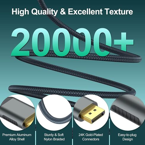 كابل VoroDcip DisplayPort 1.4، كابل 8K 6.6FT DP 32.4 جيجابت في الثانية 8K@60هرتز، 4K@144هرتز، 2K@240هرتز يدعم منفذ عرض FreeSync G-Sync HDR10 لبطاقة رسومات شاشة الألعاب in Kuwait