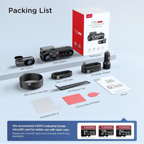 VIOFO T130 3 Channel Dash Cam Uber، مدمج في WiFi وGPS، 1440P+1080P+1080P كاميرا ثلاثية للسيارة ثلاثية الاتجاهات، رؤية ليلية بالأشعة تحت الحمراء، مكثف فائق، مستشعر G، وضع انتظار السيارات لمدة 24 ساعة، يدعم 256 جيجابايت كحد أقصى in Kuwait