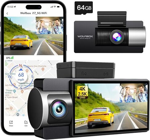كاميرا WOLFBOX i17 Dash Cam أمامية من الداخل، 4K+2.5K 5G WiFi مزدوجة مع بطاقة 64 جيجابايت، كاميرا سيارة LCD 2160P UHD 3 بوصة للسيارات مع رؤية ليلية فائقة الأشعة تحت الحمراء، شاشة ذكية لوقوف السيارات، نظام تحديد المواقع العالمي (GPS)، تسجيل حلقي in Kuwait