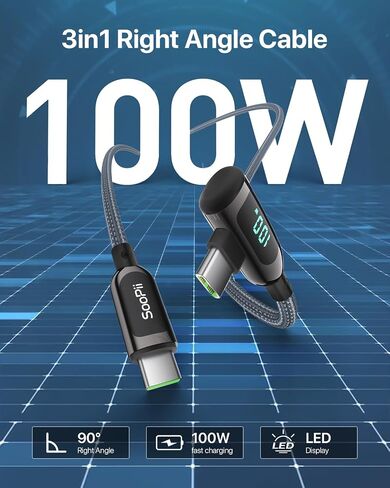 SOOPII كابل USB C إلى USB C بزاوية يمين 100 واط، كابل من النوع C مجدول من سبائك الزنك بطول 4 أقدام مع شاشة LED لهاتف lphone 15، lPad Air/Pro، MacBook Pro، Samsung S23/S22/S10، Pixel، LG (1.2 متر، أسود) in Saudi Arabia