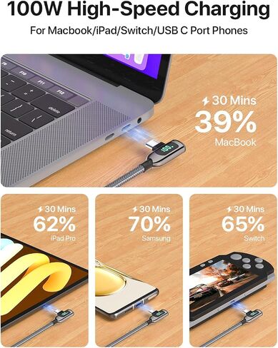 SOOPII كابل USB C إلى USB C بزاوية يمين 100 واط، كابل من النوع C مجدول من سبائك الزنك بطول 4 أقدام مع شاشة LED لهاتف lphone 15، lPad Air/Pro، MacBook Pro، Samsung S23/S22/S10، Pixel، LG (1.2 متر، أسود) in Saudi Arabia