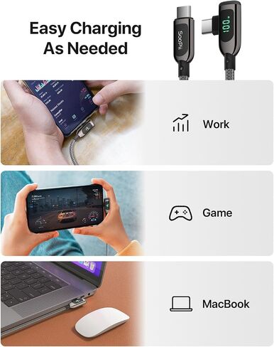 SOOPII كابل USB C إلى USB C بزاوية يمين 100 واط، كابل من النوع C مجدول من سبائك الزنك بطول 4 أقدام مع شاشة LED لهاتف lphone 15، lPad Air/Pro، MacBook Pro، Samsung S23/S22/S10، Pixel، LG (1.2 متر، أسود) in Saudi Arabia