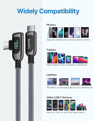 SOOPII كابل USB C إلى USB C بزاوية يمين 100 واط، كابل من النوع C مجدول من سبائك الزنك بطول 4 أقدام مع شاشة LED لهاتف lphone 15، lPad Air/Pro، MacBook Pro، Samsung S23/S22/S10، Pixel، LG (1.2 متر، أسود) in Saudi Arabia