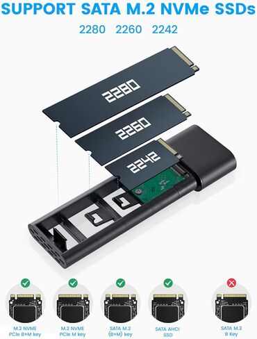 حاوية M.2 NVMe SATA SSD RSHTECH ألومنيوم M.2 NVMe محول RTL9210B رقاقة USB 3.1/3.2 Gen 2 10 جيجابت في الثانية إلى NVMe PCIe وSATA M-Key(B+M Key) قارئ SSD محمول، بدون أدوات، UASP Trim(RSH-) 329) in Kuwait