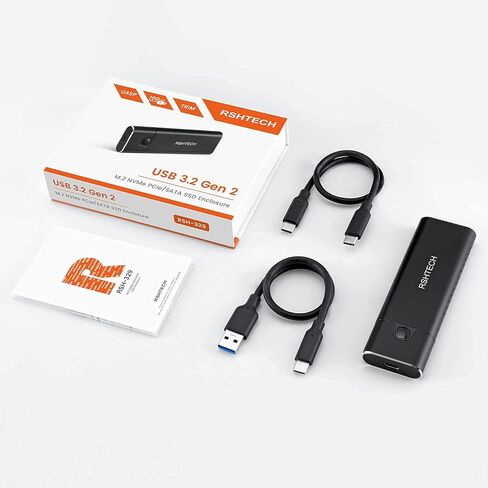 حاوية M.2 NVMe SATA SSD RSHTECH ألومنيوم M.2 NVMe محول RTL9210B رقاقة USB 3.1/3.2 Gen 2 10 جيجابت في الثانية إلى NVMe PCIe وSATA M-Key(B+M Key) قارئ SSD محمول، بدون أدوات، UASP Trim(RSH-) 329) in Kuwait