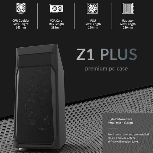 Zalman Z1 Plus ATX Mid-Tower - 120 مم × 3 مراوح مثبتة مسبقًا - دعم ODD - شبكة معدنية - تصميم بسيط - تدفق هواء عالي - USB 3.0 x 2 USB 2.0 x 1-280 مم دعم المبرد - جانب من الزجاج المقسى (أسود)... in Kuwait